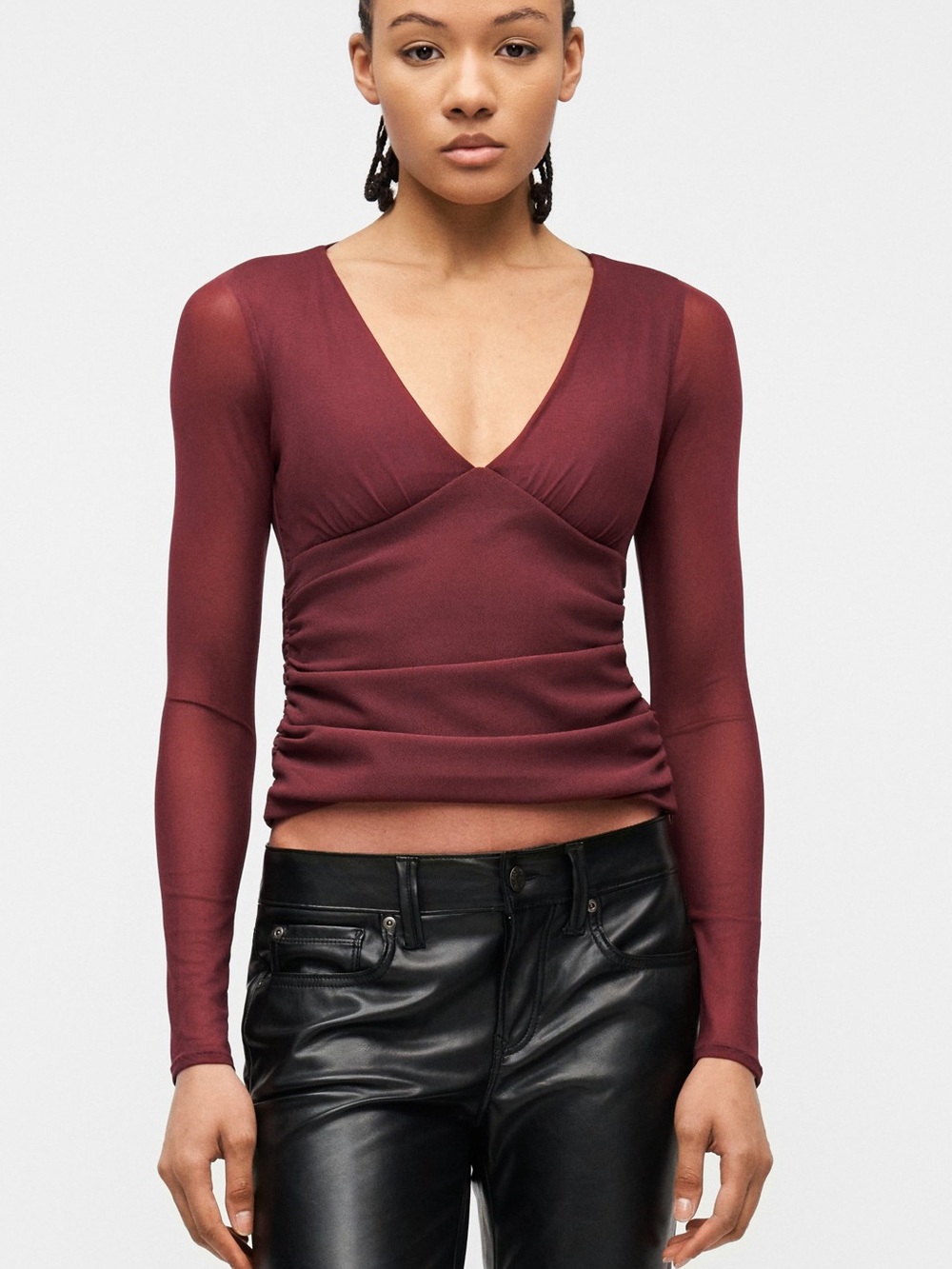 Abercrombie & Fitch Mesh Sleeve Burgundy Blouse
